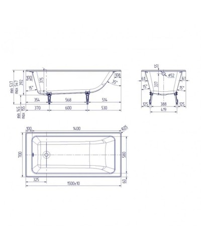 Ванна чугунная Delice Parallel 150х70 с ручками и антискользящим покрытием DLR220503R-AS