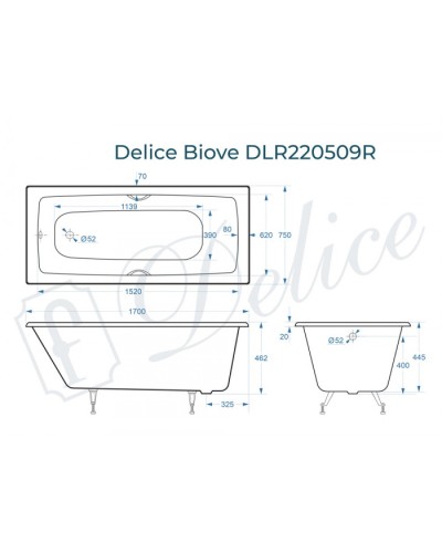Ванна чугунная Delice Biove 170х75 с черными матовыми ручками DLR220509RB