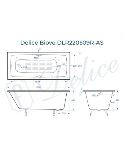 Ванна чугунная Delice Biove 170х75 с черными матовыми ручками и антискользящим покрытием DLR220509RB-AS