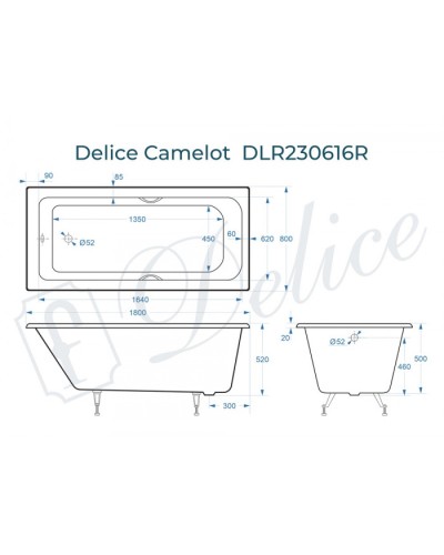 Ванна чугунная Delice Camelot 180х80 с отверстиями под ручки DLR230616R