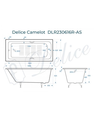 Ванна чугунная Delice Camelot 180х80 с отверстиями под ручки и антискользящим покрытием DLR230616R-AS