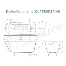 Ванна чугунная Delice Continental 160х70 с отверстиями под ручки и антискользящим покрытием DLR230626R-AS
