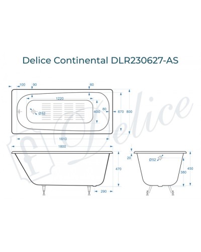 Ванна чугунная Delice Continental 180х80 с антискользящим покрытием DLR230627-AS