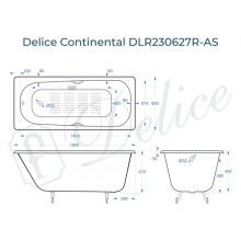 Ванна чугунная Delice Continental 180х80 с отверстиями под ручки и антискользящим покрытием DLR230627R-AS
