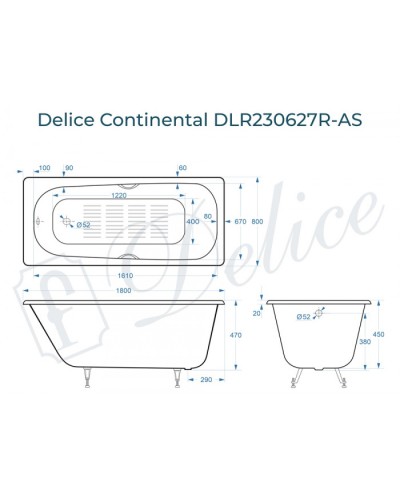 Ванна чугунная Delice Continental 180х80 с отверстиями под ручки и антискользящим покрытием DLR230627R-AS