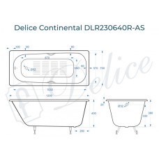 Ванна чугунная Delice Continental 120х70 с отверстиями под ручки и антискользящим покрытием DLR230640R-AS
