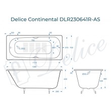 Ванна чугунная Delice Continental 130х70 с отверстиями под ручки и антискользящим покрытием DLR230641R-AS