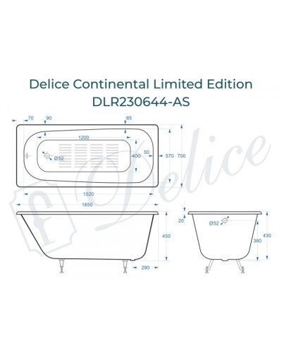 Ванна чугунная Delice Continental Limited Edition 165х70 с антискользящим покрытием DLR230644-AS