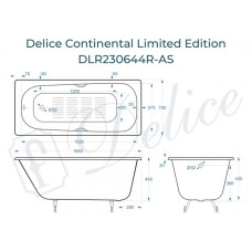 Ванна чугунная Delice Continental Limited Edition 165х70 с отверстиями под ручки и антискользящим покрытием DLR230644R-AS