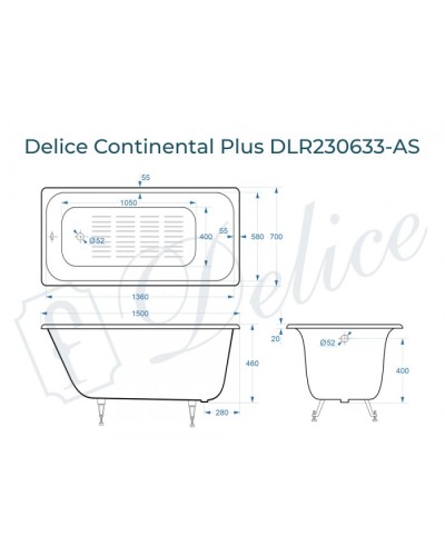 Ванна чугунная Delice Continental PLUS 150х70 с антискользящим покрытием DLR230633-AS