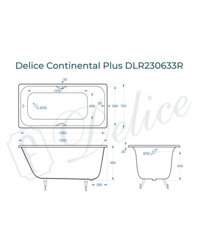 Ванна чугунная Delice Continental PLUS 150х70 с отверстиями под ручки DLR230633R