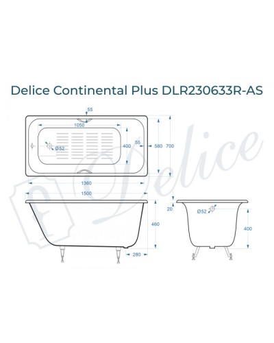 Ванна чугунная Delice Continental PLUS 150х70 с отверстиями под ручки и антискользящим покрытием DLR230633R-AS