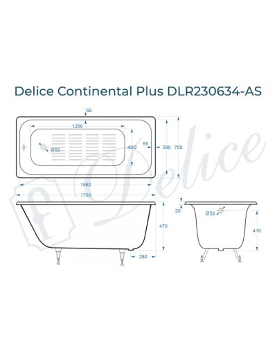 Ванна чугунная Delice Continental PLUS 170х70 с антискользящим покрытием DLR230634-AS