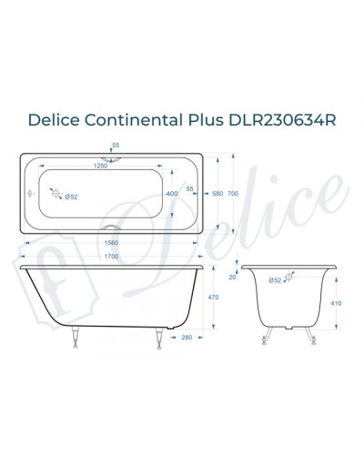 Ванна чугунная Delice Continental PLUS 170х70 с отверстиями под ручки DLR230634R