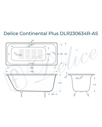 Ванна чугунная Delice Continental PLUS 170х70 с отверстиями под ручки и антискользящим покрытием DLR230634R-AS