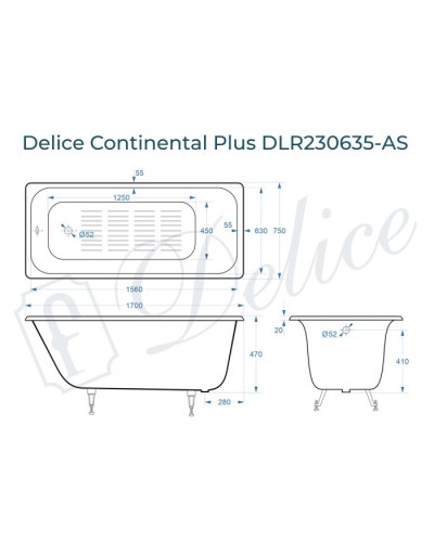 Ванна чугунная Delice Continental PLUS 170х75 с антискользящим покрытием DLR230635-AS