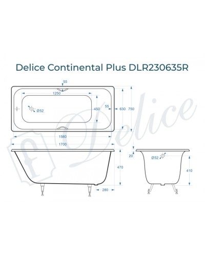 Ванна чугунная Delice Continental PLUS 170х75 с отверстиями под ручки DLR230635R