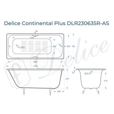 Ванна чугунная Delice Continental PLUS 170х75 с отверстиями под ручки и антискользящим покрытием DLR230635R-AS