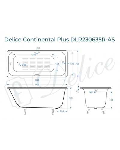 Ванна чугунная Delice Continental PLUS 170х75 с отверстиями под ручки и антискользящим покрытием DLR230635R-AS