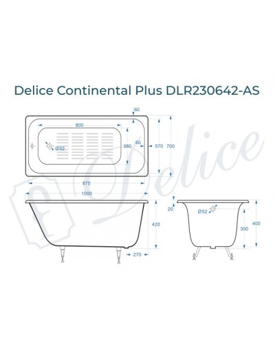 Ванна чугунная Delice Continental PLUS 100х70 с антискользящим покрытием DLR230642-AS