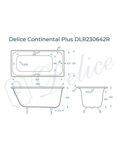 Ванна чугунная Delice Continental PLUS 100х70 с отверстиями под ручки DLR230642R