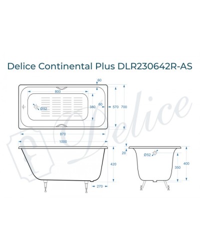 Ванна чугунная Delice Continental PLUS 100х70 с отверстиями под ручки и антискользящим покрытием DLR230642R-AS