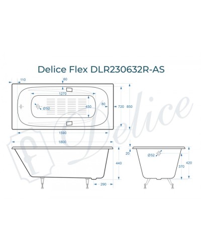 Ванна чугунная Delice Flex 180х85 с отверстиями под ручки и антискользящим покрытием DLR230632R-AS