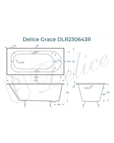 Ванна чугунная Delice Grace 170х70 с отверстиями под ручки DLR230643R