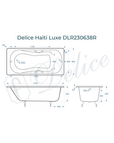 Ванна чугунная Delice Haiti Luxe 170х80 с отверстиями под ручки DLR230638R
