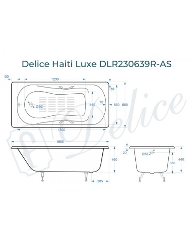 Ванна чугунная Delice Haiti Luxe 180х80 с отверстиями под ручки и антискользящим покрытием DLR230639R-AS