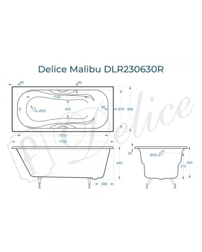 Ванна чугунная Delice Malibu 170х80 с отверстиями под ручки DLR230630R