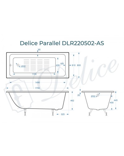 Ванна чугунная Delice Parallel 170х80 с антискользящим покрытием DLR220502-AS