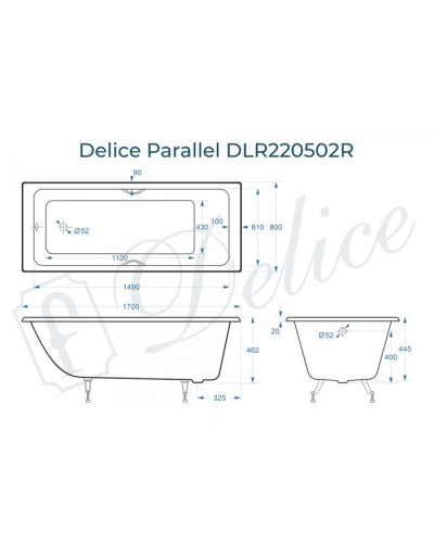 Ванна чугунная Delice Parallel 170х80 с ручками DLR220502R