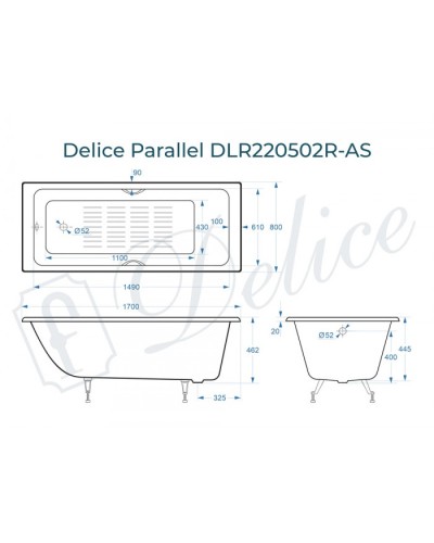 Ванна чугунная Delice Parallel 170х80 с черными матовыми ручками и антискользящим покрытием DLR220502RB-AS