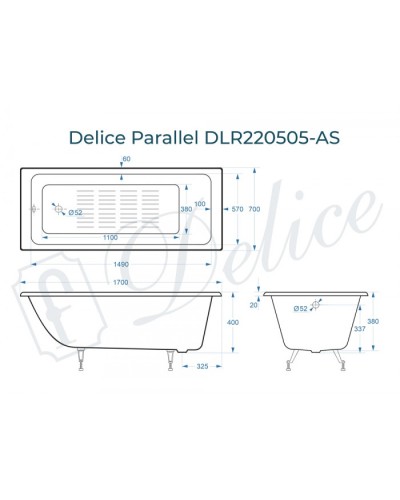 Ванна чугунная Delice Parallel 170х70 с антискользящим покрытием DLR220505-AS