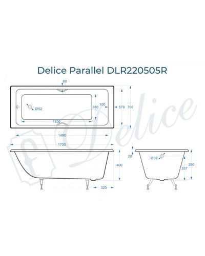 Ванна чугунная Delice Parallel 170х70 с черными матовыми ручками DLR220505RB