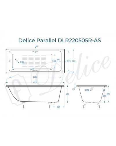 Ванна чугунная Delice Parallel 170х70 с черными матовыми ручками и антискользящим покрытием DLR220505RB-AS