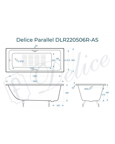 Ванна чугунная Delice Parallel 180х80 с ручками и антискользящим покрытием DLR220506R-AS
