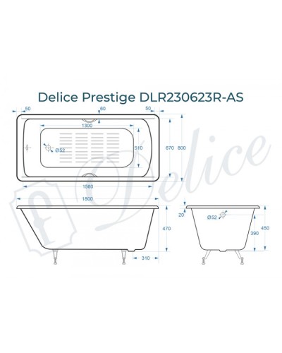 Ванна чугунная Delice Prestige 180х80 с отверстиями под ручки и антискользящим покрытием DLR230623R-AS