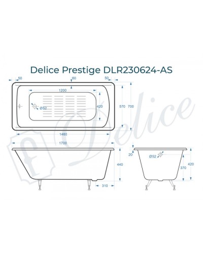 Ванна чугунная Delice Prestige 170х70 с антискользящим покрытием DLR230624-AS