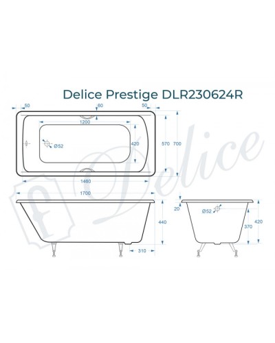 Ванна чугунная Delice Prestige 170х70 с отверстиями под ручки DLR230624R