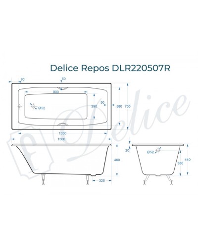 Ванна чугунная Delice Repos 150х70 с черными матовыми ручками DLR220507RB