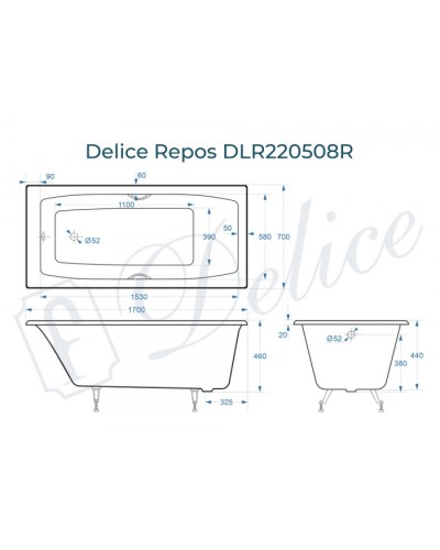 Ванна чугунная Delice Repos 170х70 с черными матовыми ручками  DLR220508RB