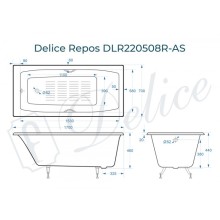 Ванна чугунная Delice Repos 170х70 с черными матовыми ручками и антискользящим покрытием DLR220508RB-AS