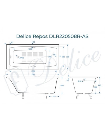 Ванна чугунная Delice Repos 170х70 с черными матовыми ручками и антискользящим покрытием DLR220508RB-AS
