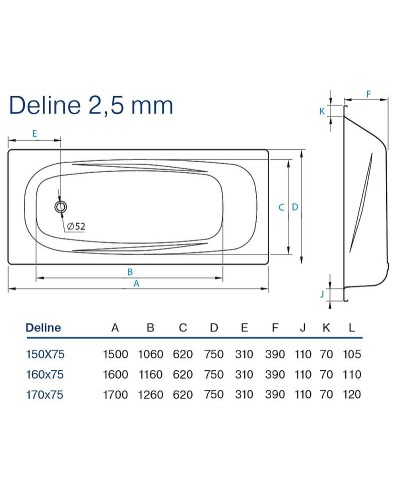 Стальная ванна Koller Pool Deline 150x75 B55US200E с отверстиями для ручек без антискользящего покрытия