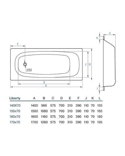 Стальная ванна Koller Pool Liberty 160x70 B60C2200E без антискользящего покрытия
