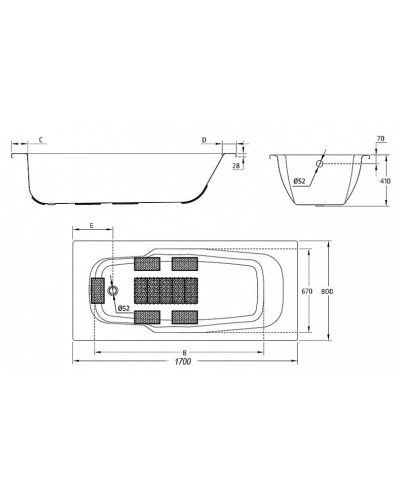 Стальная ванна 170х80 см с отверстиями для ручек BLB Atlantica HG B70J handles