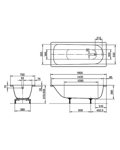 Стальная ванна Kaldewei Eurowa 311 160x70 119712030001 без отверстий под ручки
