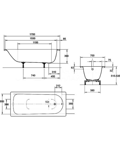 Стальная ванна Kaldewei Eurowa 312 170x70 119812030001 без отверстий под ручки